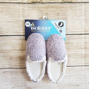 💟 NWOT Isotoner Memory Foam Fuzzy Backless Pink Gray Slippers 5-6